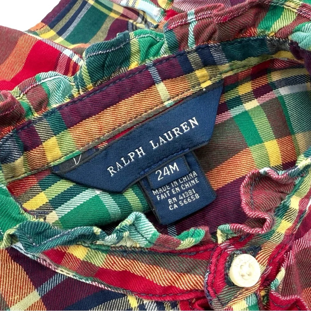 EUC Ralph Lauren Christmas Plaid Peplum Long Sleeve Tunic Top In Red & Green 24M